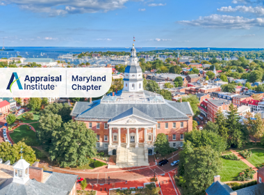 This image shows the Maryland State House in Annapolis, Maryland, which is known for having the oldest wooden dome in the United States constructed without nails with the Appraisal Institute Maryland