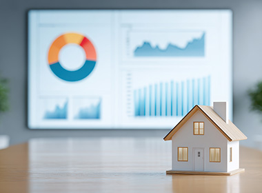 Residential Market Analysis and Highest & Best Use miniature-house-model-placed-on-wooden-table-with-financial-charts-and-graphs-displayed-on-screen-in-background-symbolizing-real-estate-investment-and-market-analysis