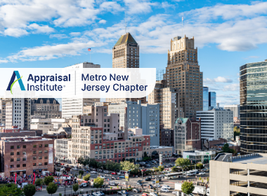 Smart Tools, Sharp Scrutiny: AI in Appraisal & Defending Your Work Under Oath The image displays the downtown skyline of Newark, New Jersey, featuring prominent historic and modern high-rises with the Appraisal Institute Metro New Jersey Chapter Logo